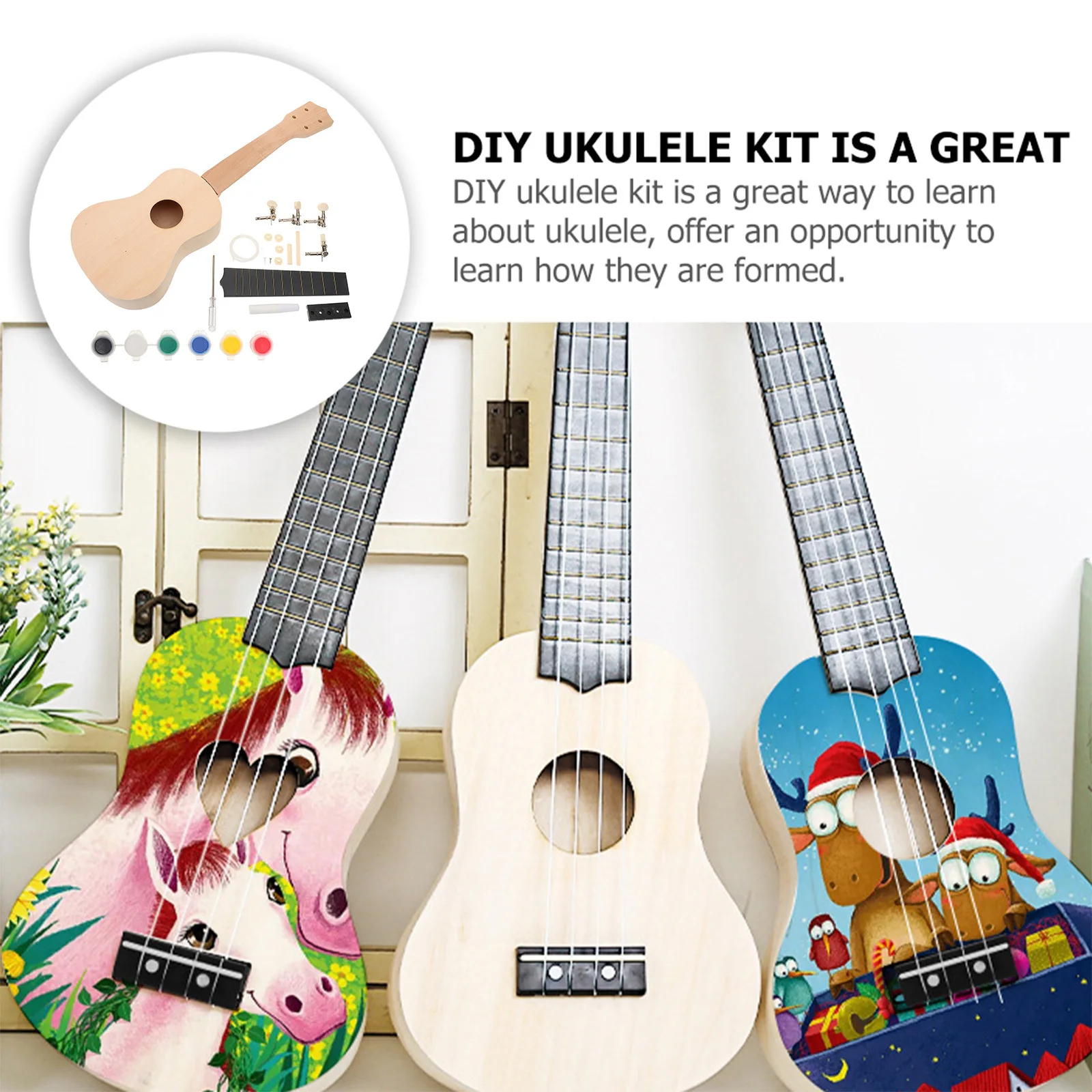 

1Set DIY Ukulele Kit Unpainted Wooden Ukulele Assembly Kit for Kids Beginners DIY Hand Crafted Musical Instrument