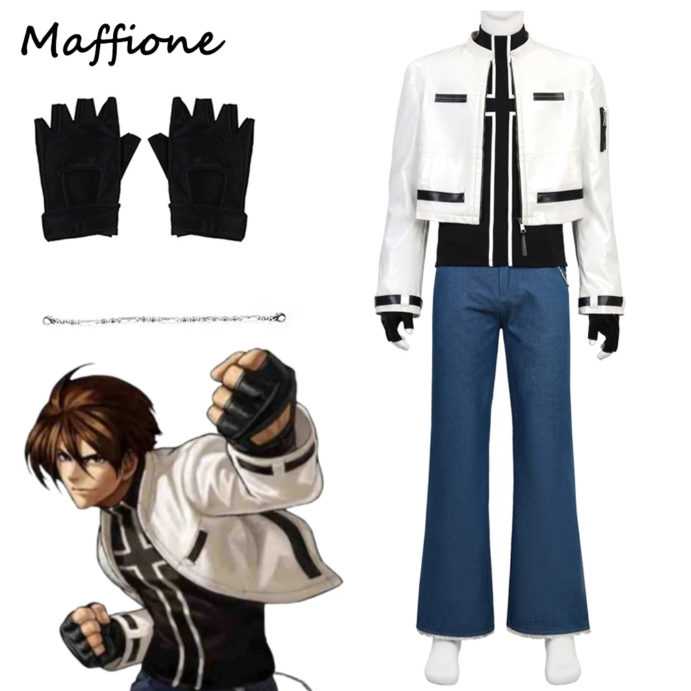 أنيمي لعبة مقاتلة الملك كيو كوساناجي تأثيري الرجال زي سترة بيضاء قفازات السراويل قلادة مجموعة الذكور تمويه هالوين الدعاوى #1