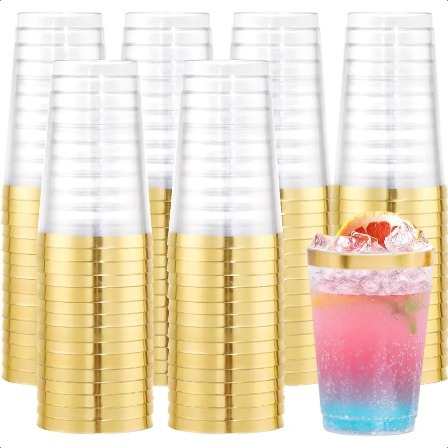 

200pcs 12oz Gold Plastic CupsDisposabe Cup For Party Plastic Cocktail Glasses Clear Tumblers with Gold Wedding Cups