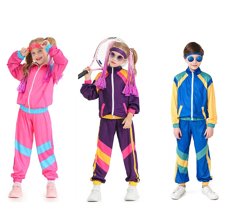 Kids Boys and Girls 80s 90s Sportswear Suit Retro Disco Hip Hop Costume Fashion Patchwork Long Sleeve Zipper Coat Trousers Suit