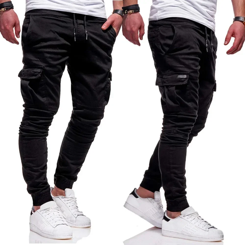 Men\'s Jogging Pants Denim Flip Pocket Side Drawstring Waist Overalls Leisure Elastic Sports Pants Training Tactical Pants