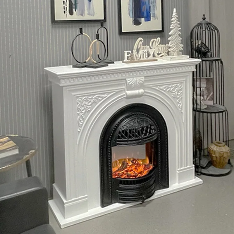 French Mantel Entrance Cabinet Wood Carving Flower American European-style Homestay Villa Living Room Simulation Fire Fireplace
