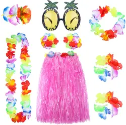 8 Pieces Hawaiian Grass Hula Skirt Costume Set Bikini Top for Women Dress Performance Birthday Tropical Luau Party Decoration