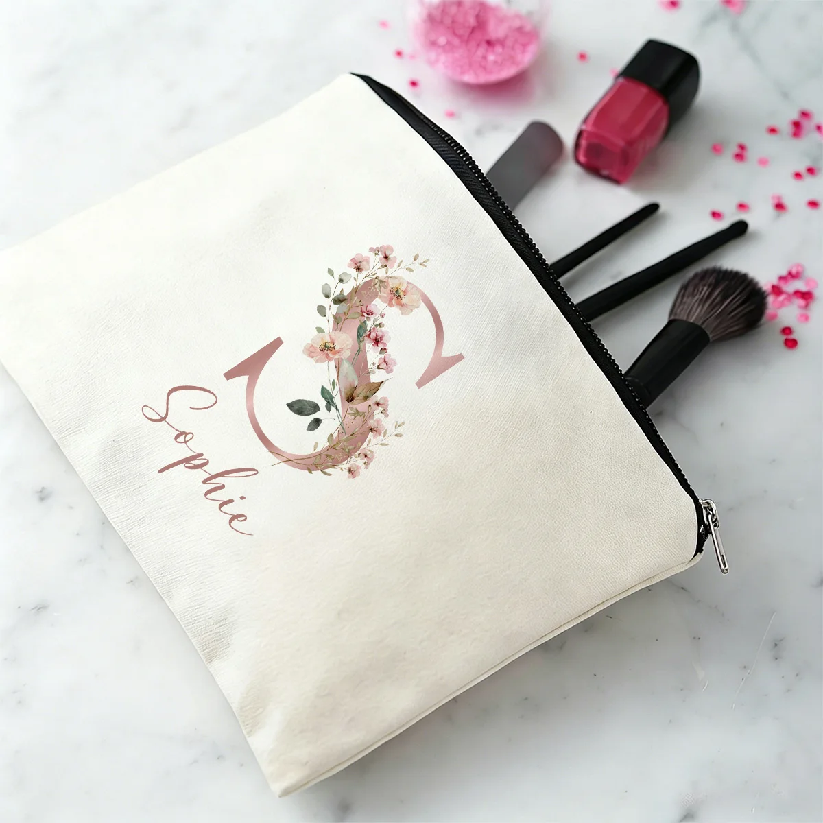 1pc Personalized custom letter makeup bag, canvas zipper small bag, women's portable makeup bag, bride bridesmaid gift