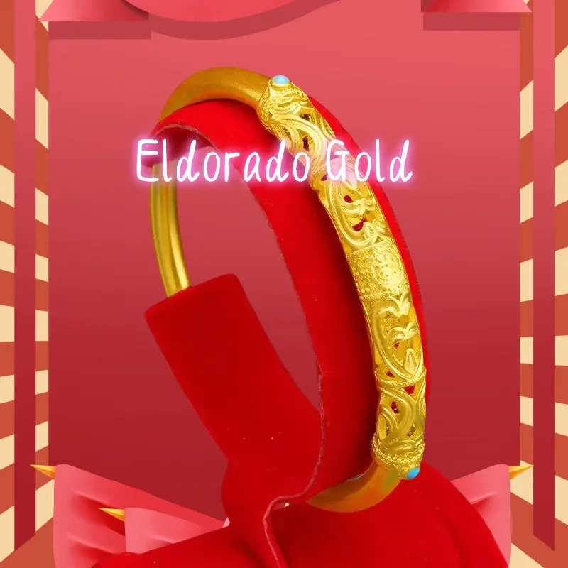 Eldorado Gold  2025 Lover's giftAU999 24K Gold Blessing Bangle | Enamel - rimmed "Fu" character, cloud - openwork band, easy - o