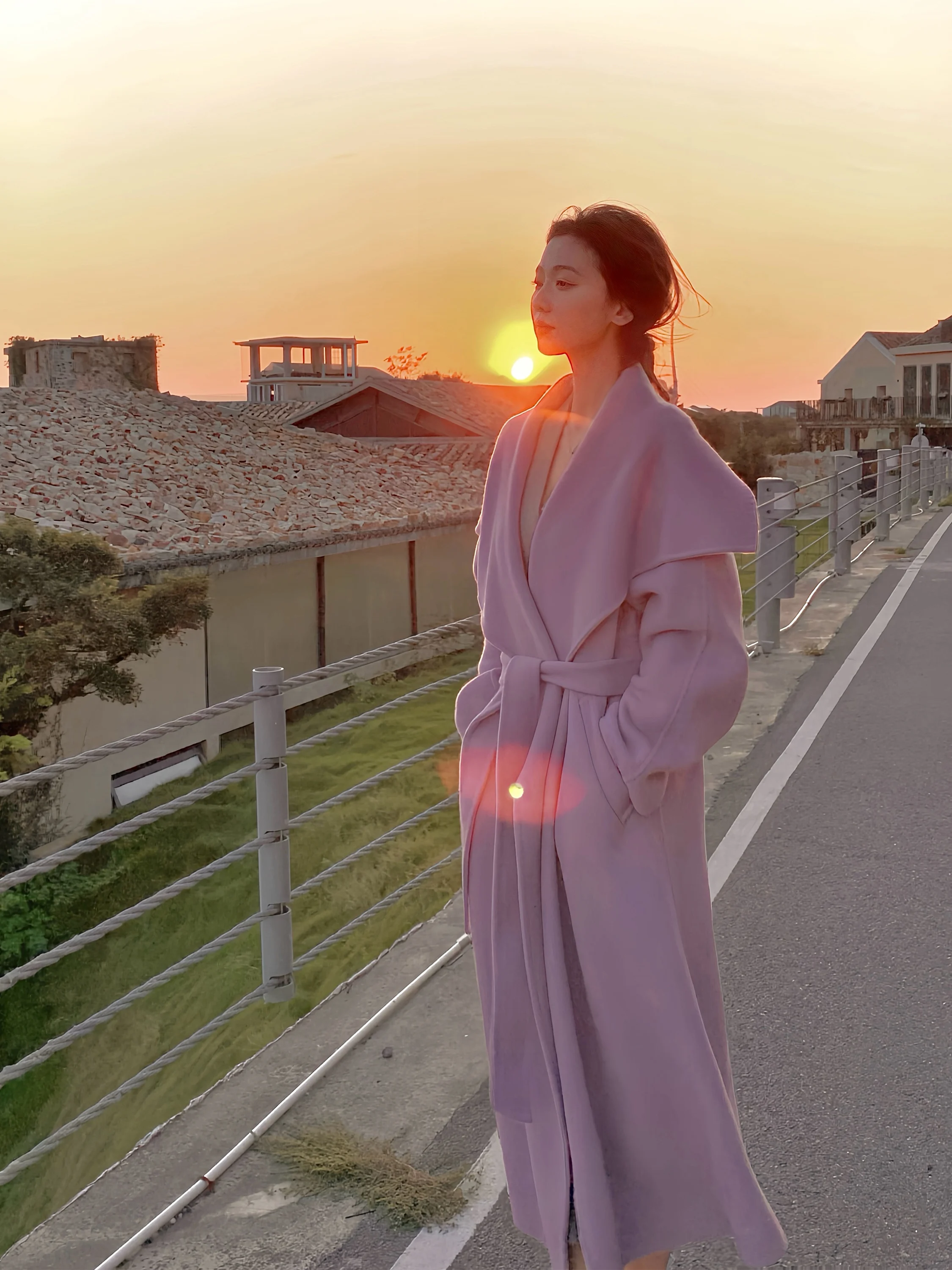 

Double-Sided Woolen Coat Purple Loose Women's Medium-Length Outerwear with Belt Fall Winter New Sle ANORAK Women's Jaet