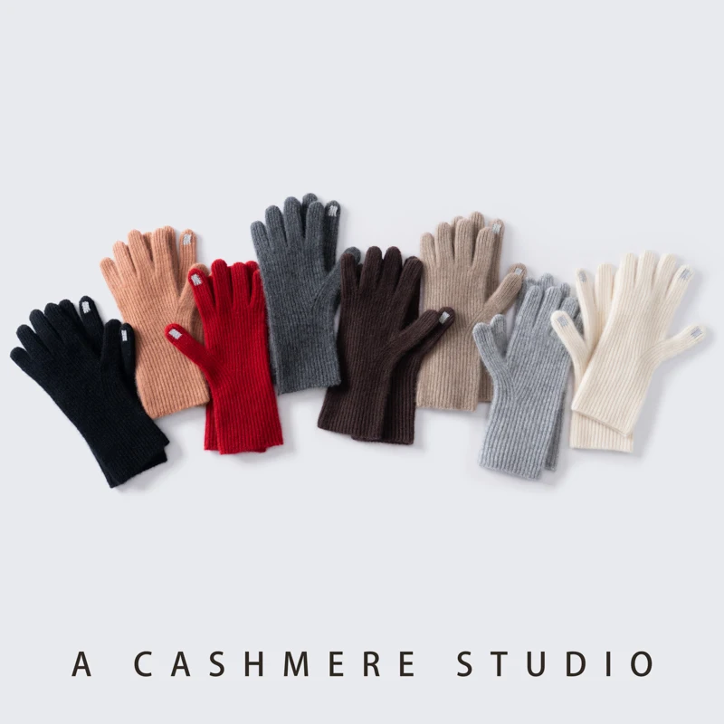 Autumn Winter Gloves Women High Quality 100% Pure Cashmere Knit Soft Warm Touch Screen Mittens Stretch Solid Full Finger Guantes