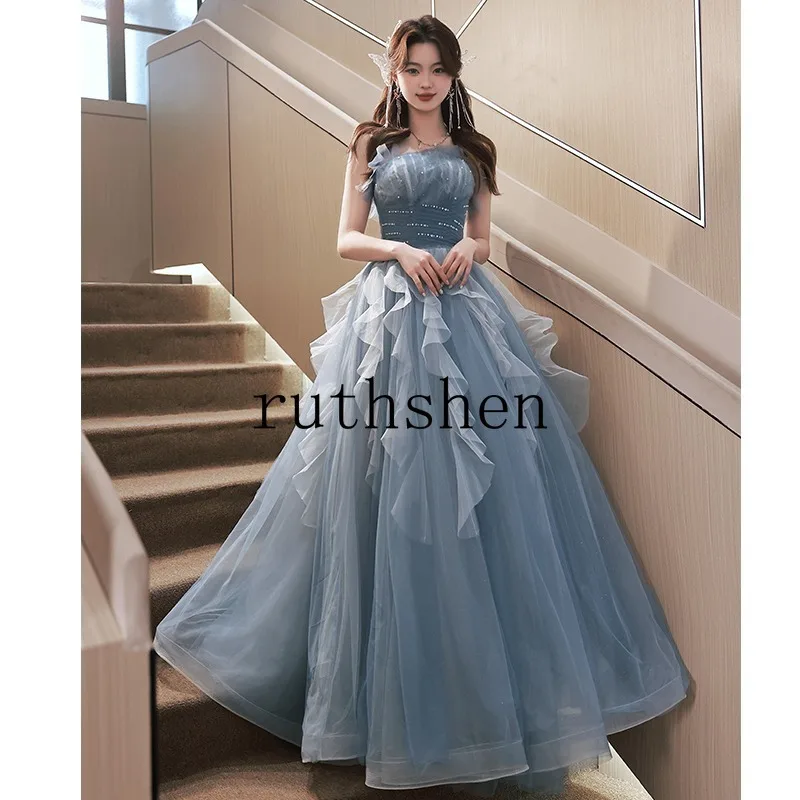 

Сказочные платья для выпускного вечера с открытыми плечами и длинными рукавами с оборками, синий тюль, вечерние женские вечерние платья для особых случаев по индивидуальному заказу