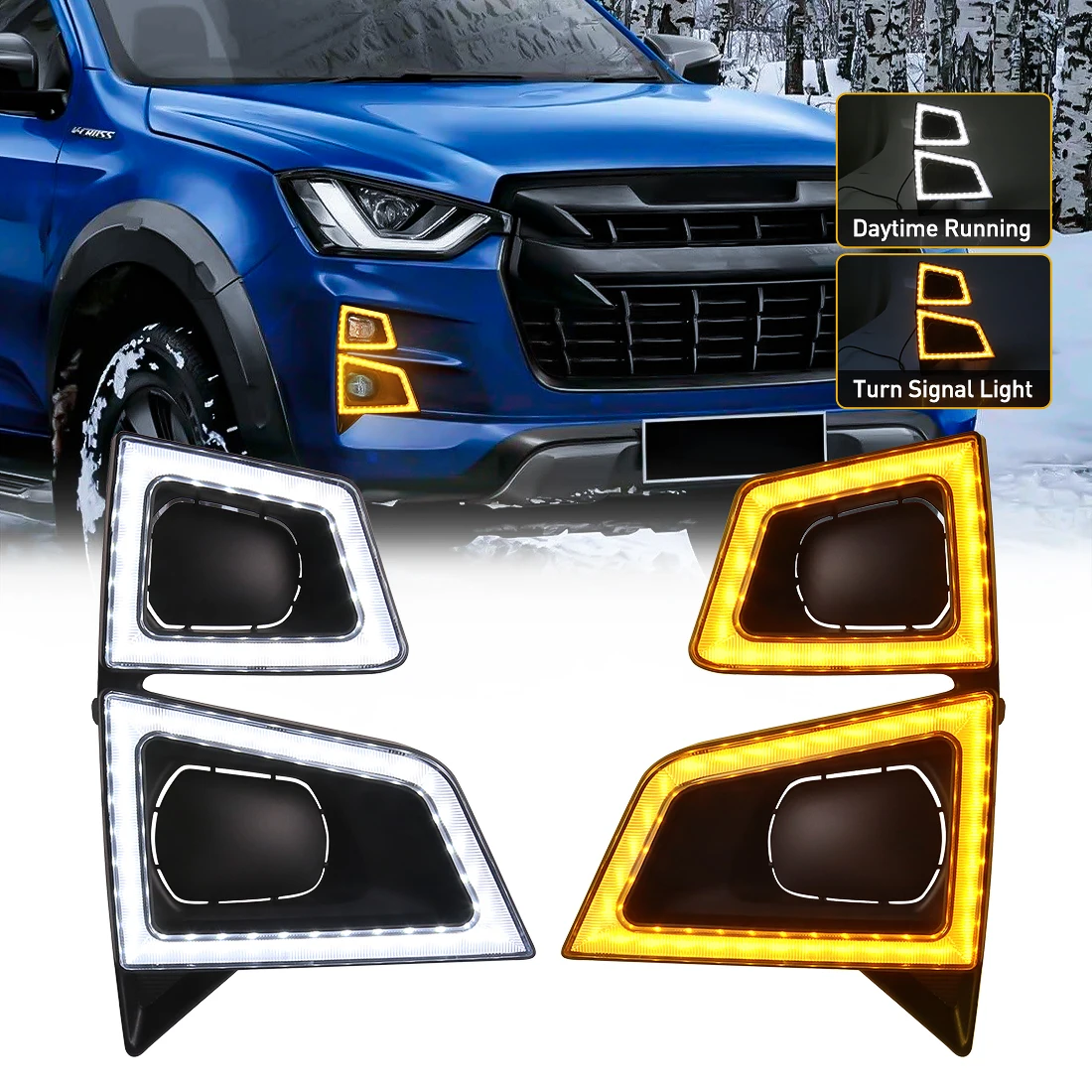 

For ISUZU D-max Pickup 2020 2021 2022 Car LED Daytime Running Light Dynamic Turn Signal White Yellow DRL Fog Lamp Waterproof 12V