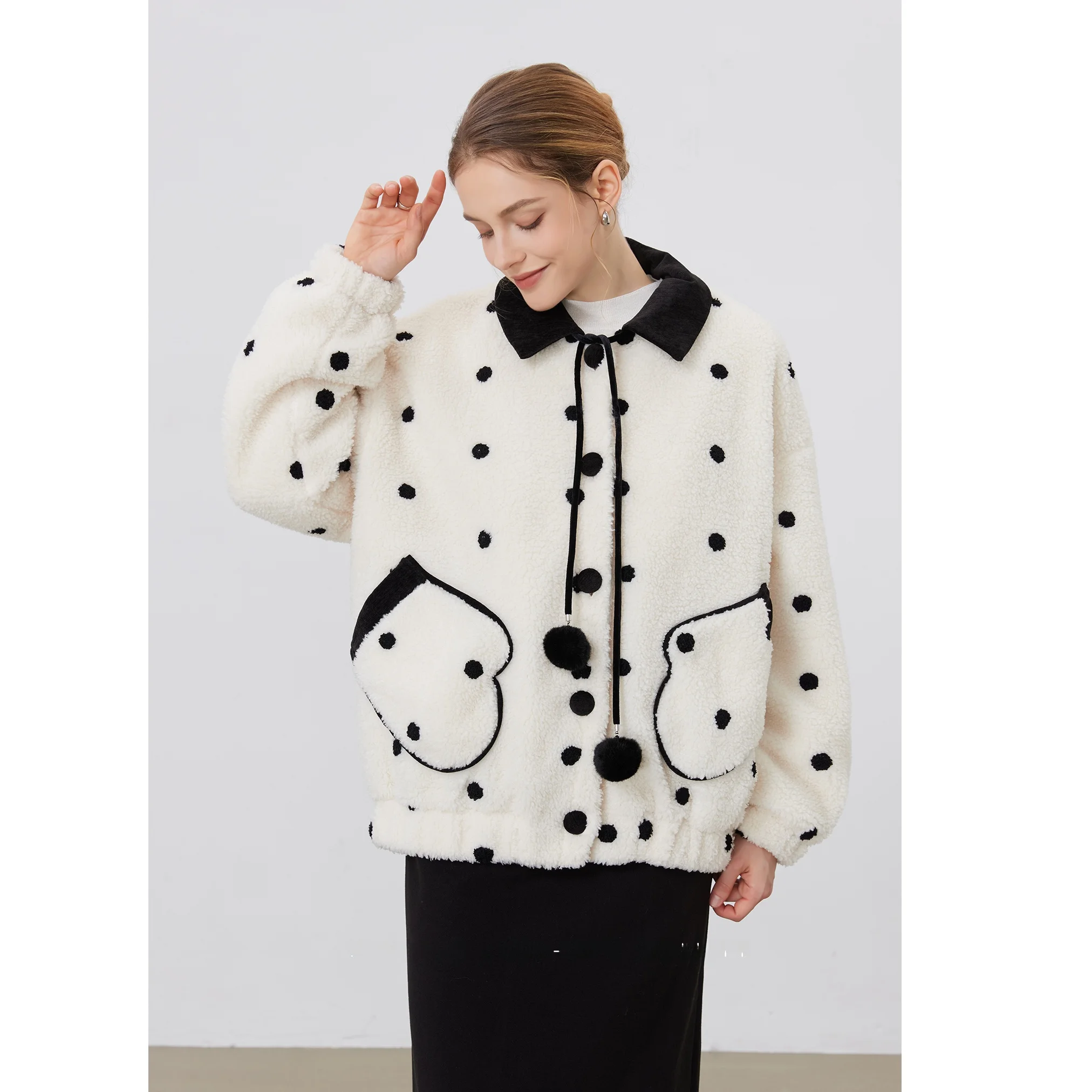 

Adorable Polka Dot Cotton Lamb Fur Clip YUUSCC Short Outerwear for Women Spring Autumn Fashion Elegant Other 100%