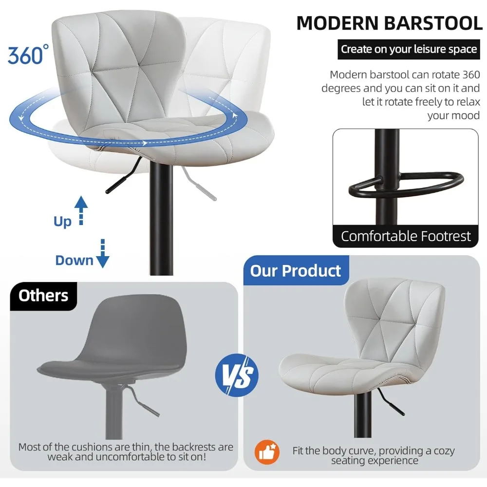 adjustable bar stools set of 6, modern pu leather upholstered, armless swivel bar chairs with back for kitchen bar island(grey)