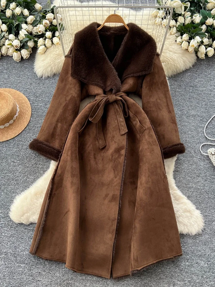 

Korean Sle Woolen Coat Women's Mid-Length Belted Commute Winter Coat Thiened Warm Straight Hemline ket Design Pure Color