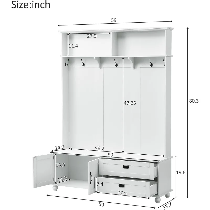 Modern Style Hall Tree with 5 Coat Hooks, Widen Mudroom Bench with Storage Cabinet and 2 Large Drawers