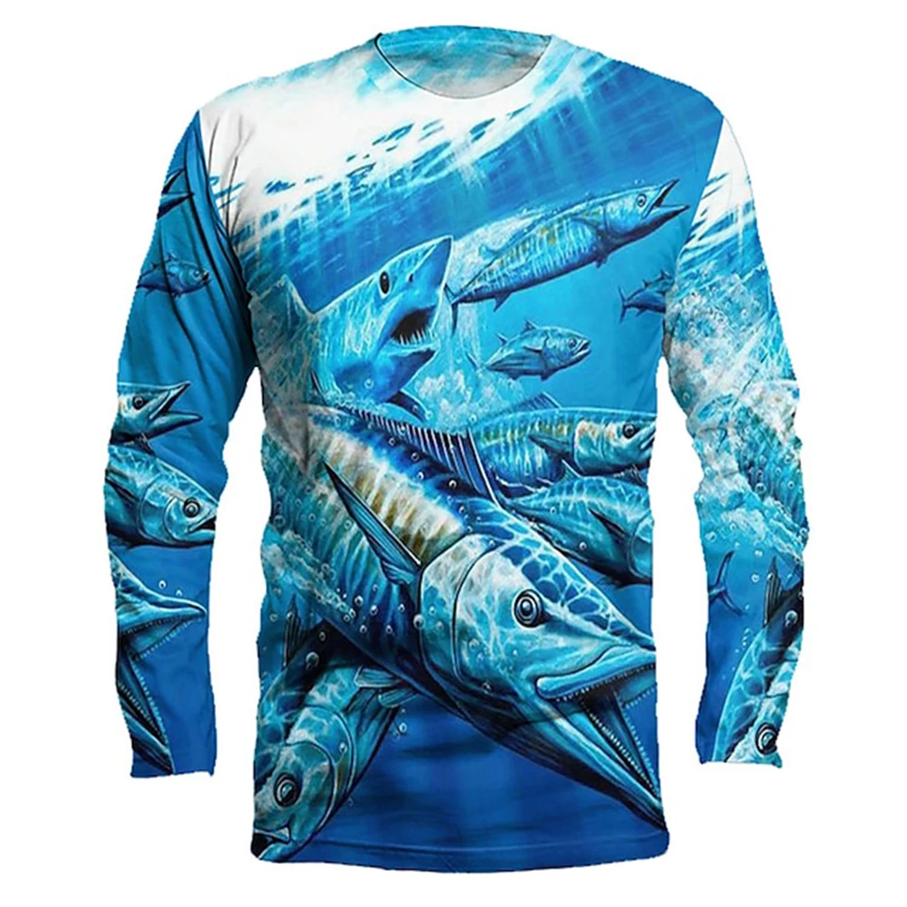 Men\'s outdoor fishing T-shirt, long sleeved shirt, oversized round neck 3D print, casual and fashionable