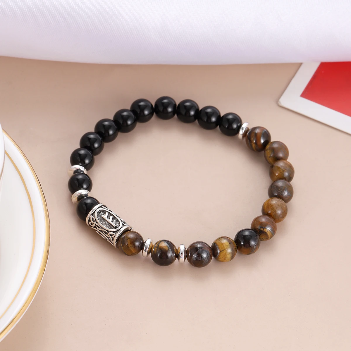 Ethnic Viking Runes Charm Bracelet for Men 8Mm Natural Obsidian Tiger Eye Stone Handmade Bangles Bangles Hombre Viking Jewelry
