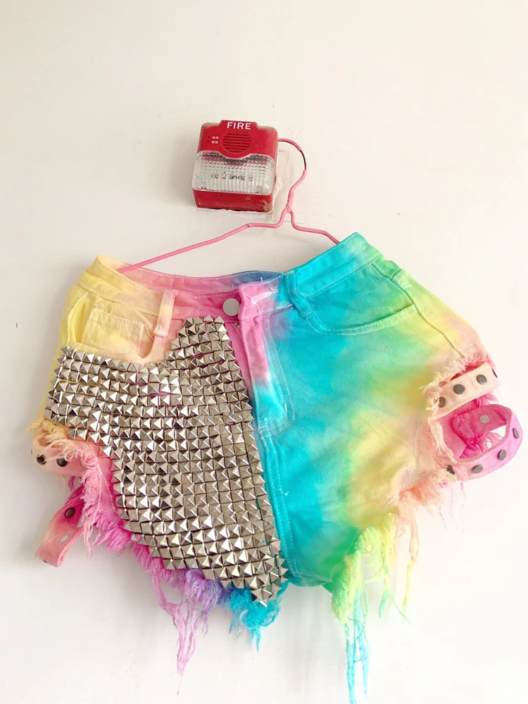 2024 Summer New Tie-Dye Rainbow Denim Shorts Women's High Waist Personality Shorts Sequined Sexy Rivet Pocket Wide Leg Hot Pants