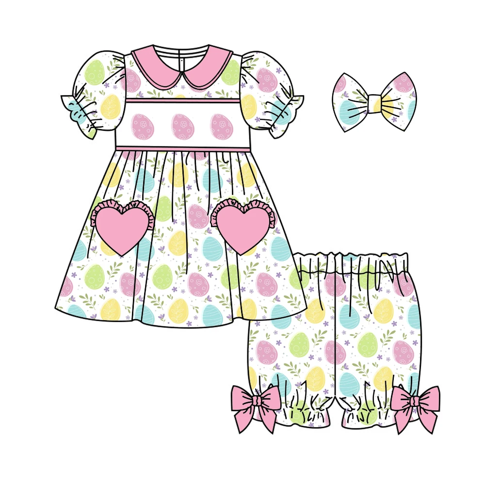Premium girls' pajama set short-sleeved shorts with heart-shaped pockets and Easter bunny and egg print wholesale clothing