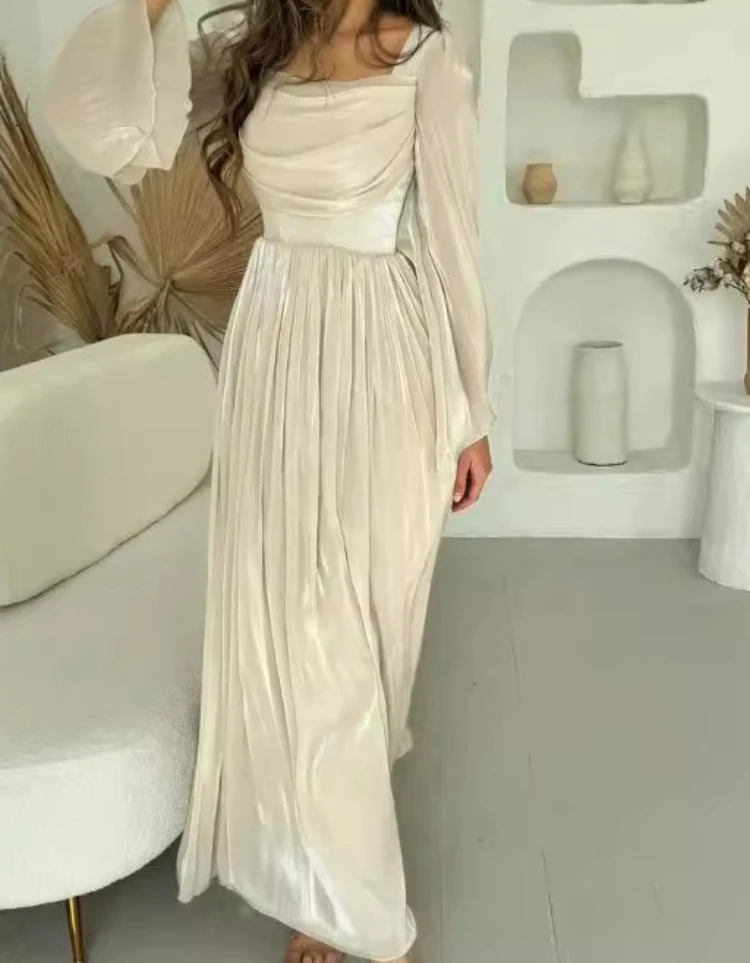 Dress Women Long Dresses Elegant Splice Square Collar Pleated Party Casual Slim Fit Tight High Waist Solid Full Sleeve Vestidos