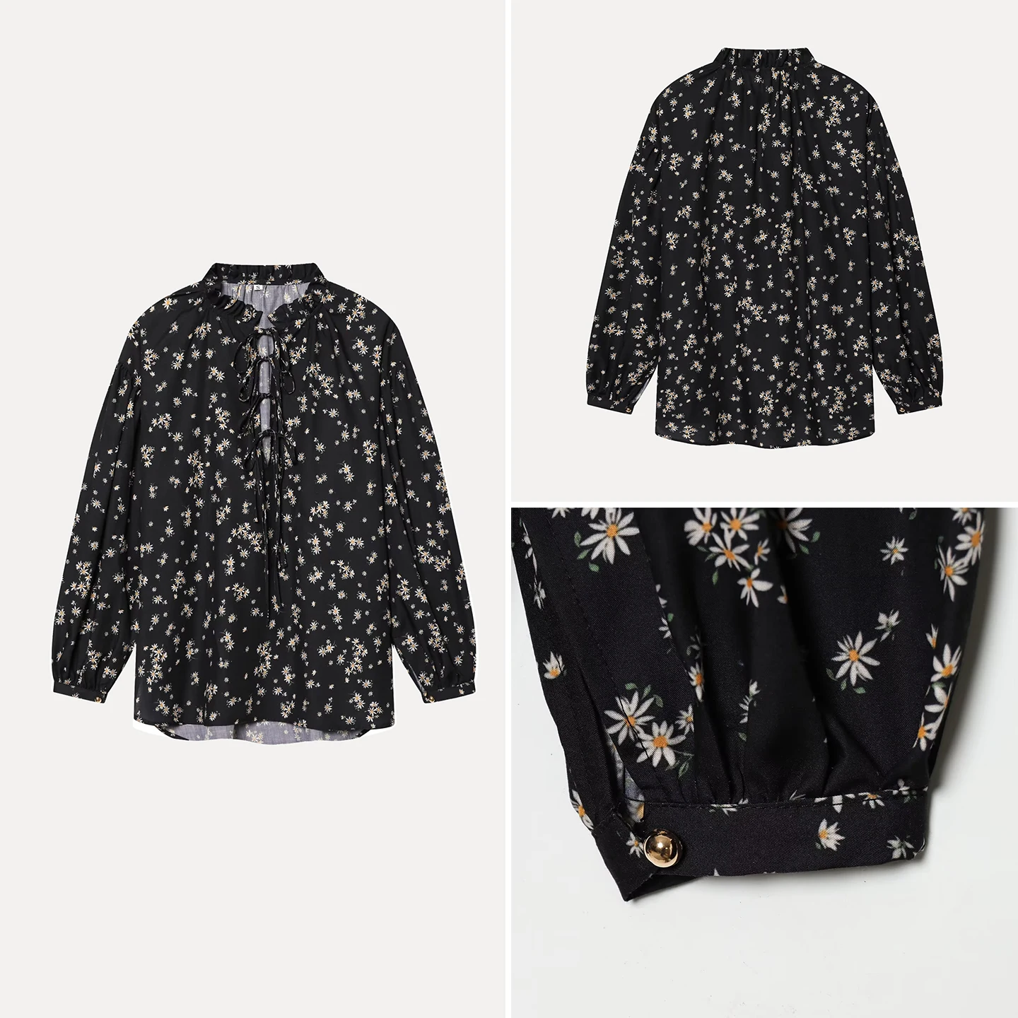 

Fashionable V-neck Daisy Print Shirt Women's Spring 2026 New Arrival Loose Fit Long Sleeve Belted Top European Style Zadata