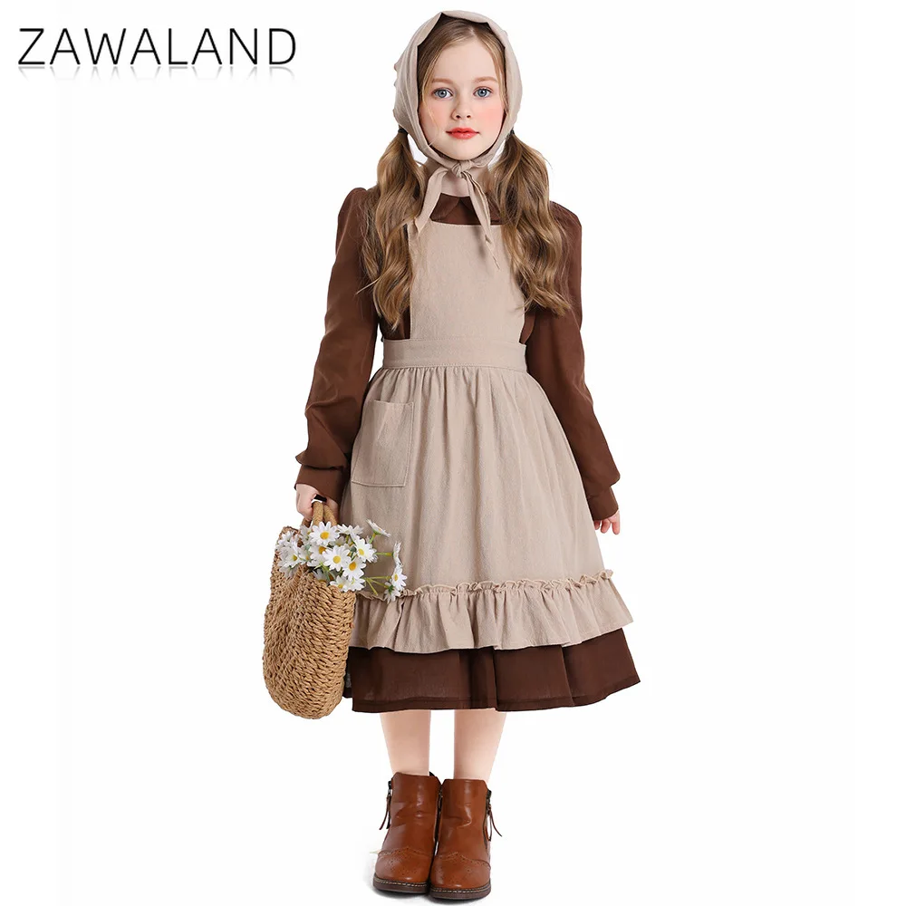 فستان القهوة بلون سادة، فساتين تنكرية للخادمة بأكمام طويلة مع مريلة لمرحلة الأداء، مجموعة المزرعة، ملابس لطيفة للحفلات