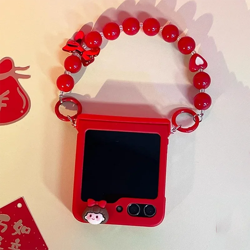 

Red new year flip case for Samsung Galaxy Z Flip5 phone cases Cute Girls Hard Cover with charm beaded bracelet