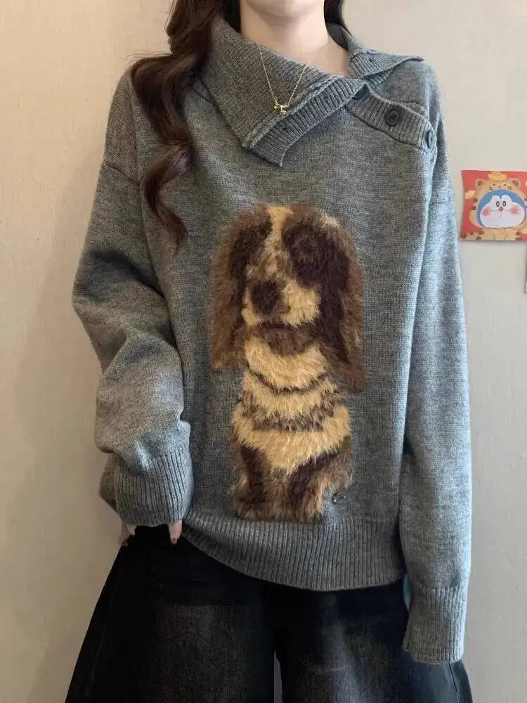 

Cute Puppy Women's Knitting Turtleneck Sweater 2026 Spring Knit Sweater Lapel Dog Loose Lazy Mid Length Hip Covering Top
