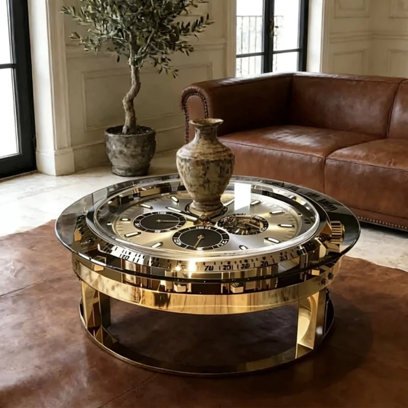 Italian light luxury round watch coffee table stainless steel frame living room household glass countertop