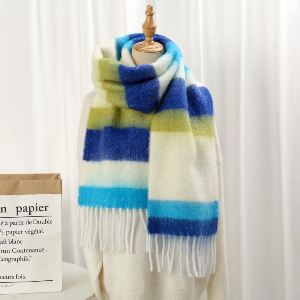 Soft Colorful Stripe Mohair Shawl Coldproof Thicken Long Tassel Scarf Korean Style Keep Warm Winter Wool Scarves Girls