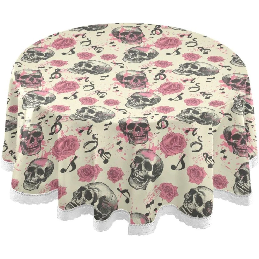 

Skulls Rose Music Notes Round Tablecloth Lace Table Cover Washable Table Cloth for Home Kitchen Dinning Tabletop Decoration