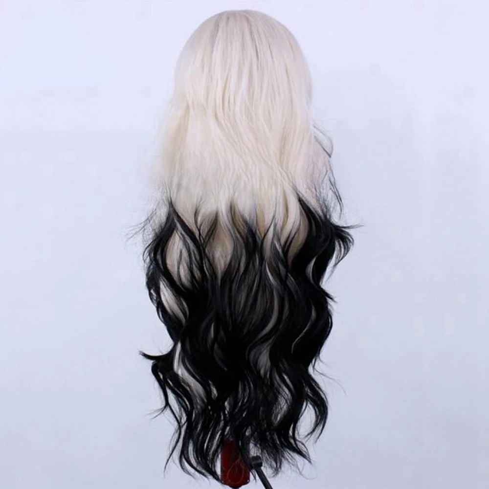 أسود أبيض أومبير الاصطناعية الدانتيل الجبهة الباروكة 2 لهجة الألوان طويل متموج الشعر الحرارة موافق #3
