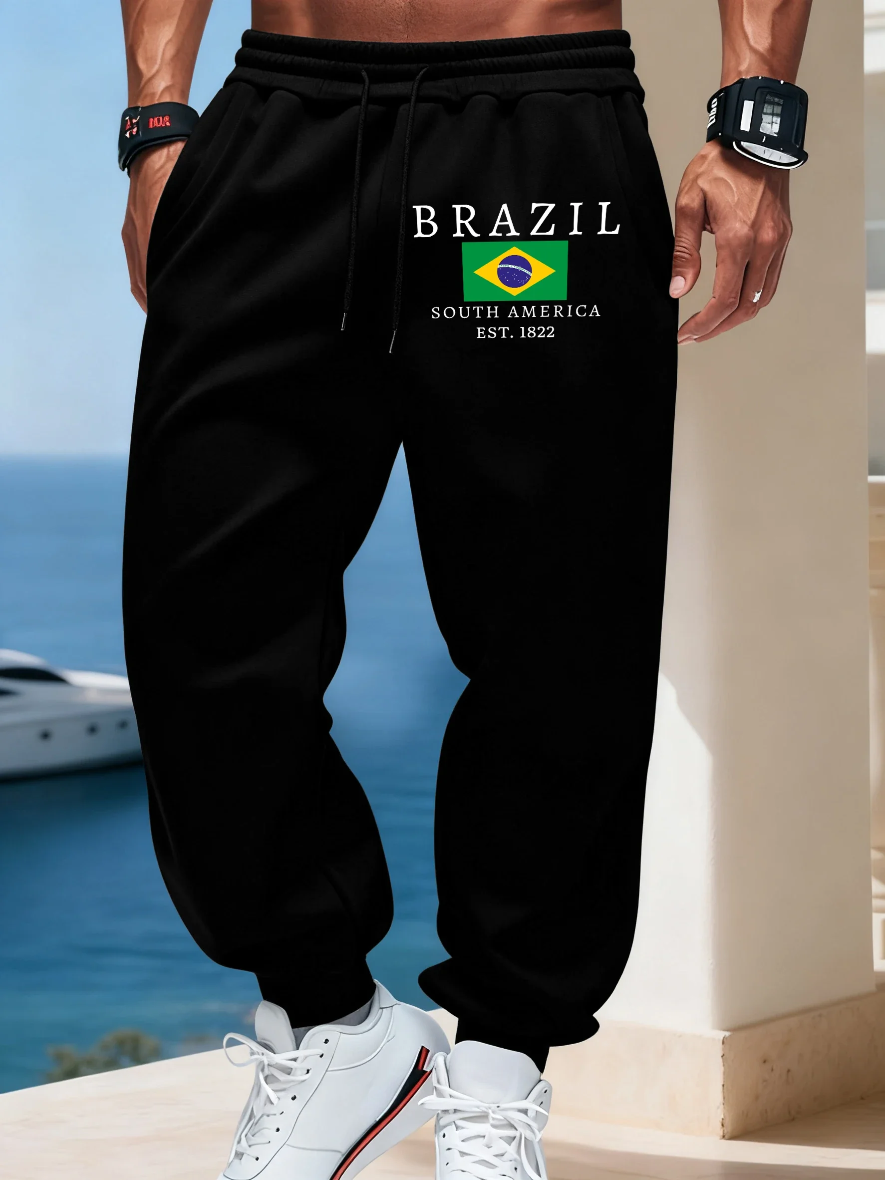 Brésil Ordem e Progresso Calças Masculinas com Cintura Elástica para Outono, Calças de Jogging em 11 Cores
