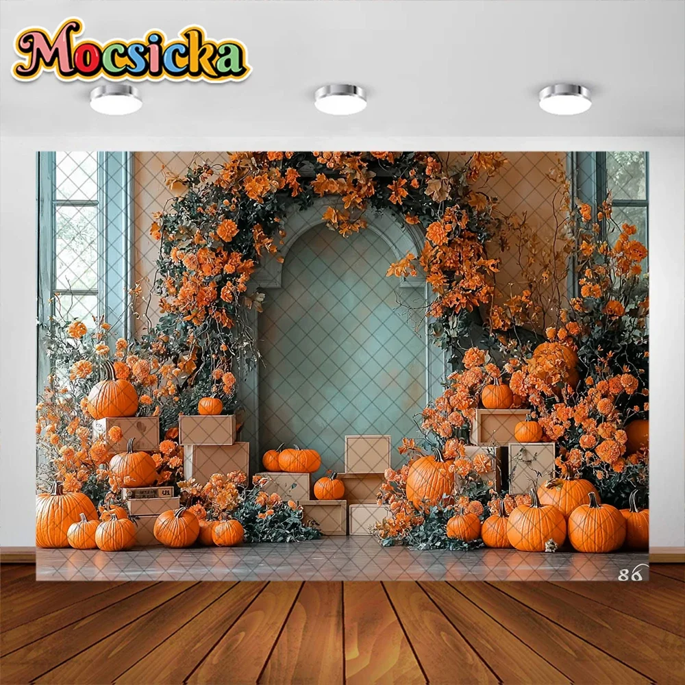 Mocsicka Photography Background Autumn Pumpkin Arched Garland Holiday Decoration Adults Kids Portrait Photo Backdrop Studio Prop