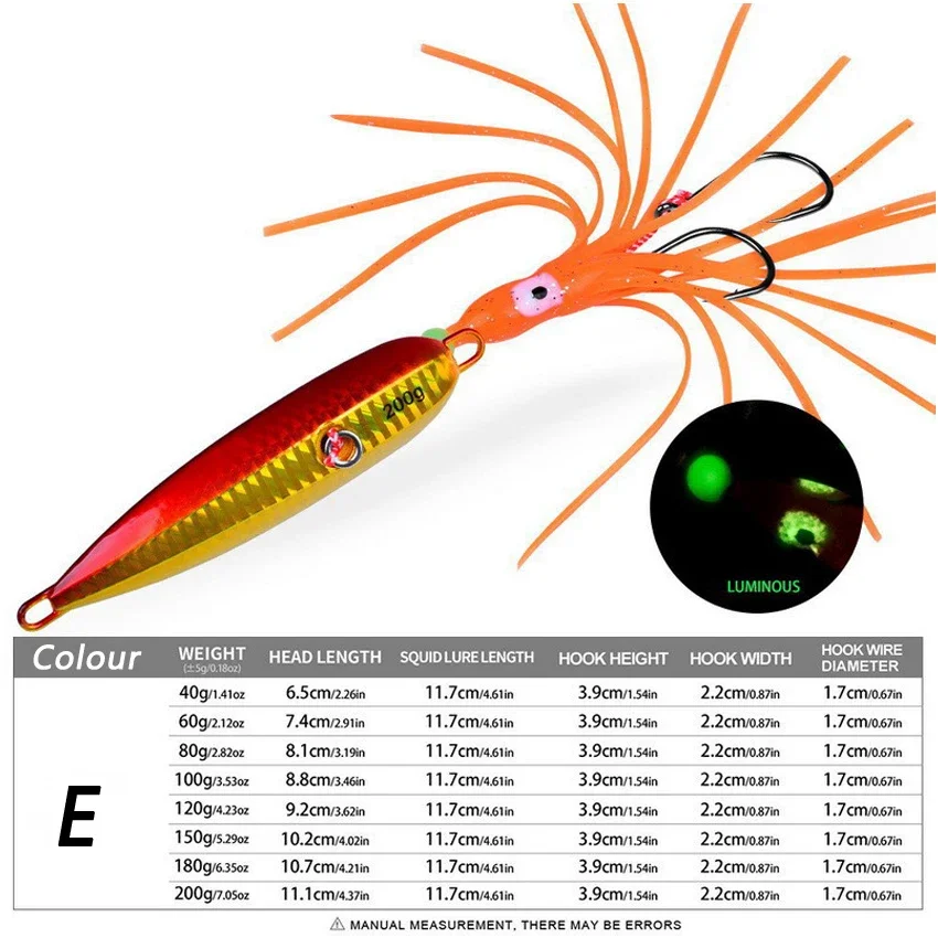 NONE 1 Stück Inchiku Jig-Köder, 40 g-200 g, langsamer Metall-Jig, leuchtender Tintenfisch-Haken, sinkendes Salzwasser-Spinn-Angeln für Marlin Snapper Grouper 6