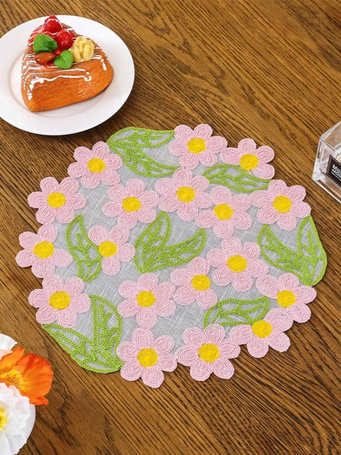 1/2/4/6pcs Floral Embroidered Round Placemats, Solid Color Dining Table Mats, Non-Slip Coasters For Home Kitchen view 5