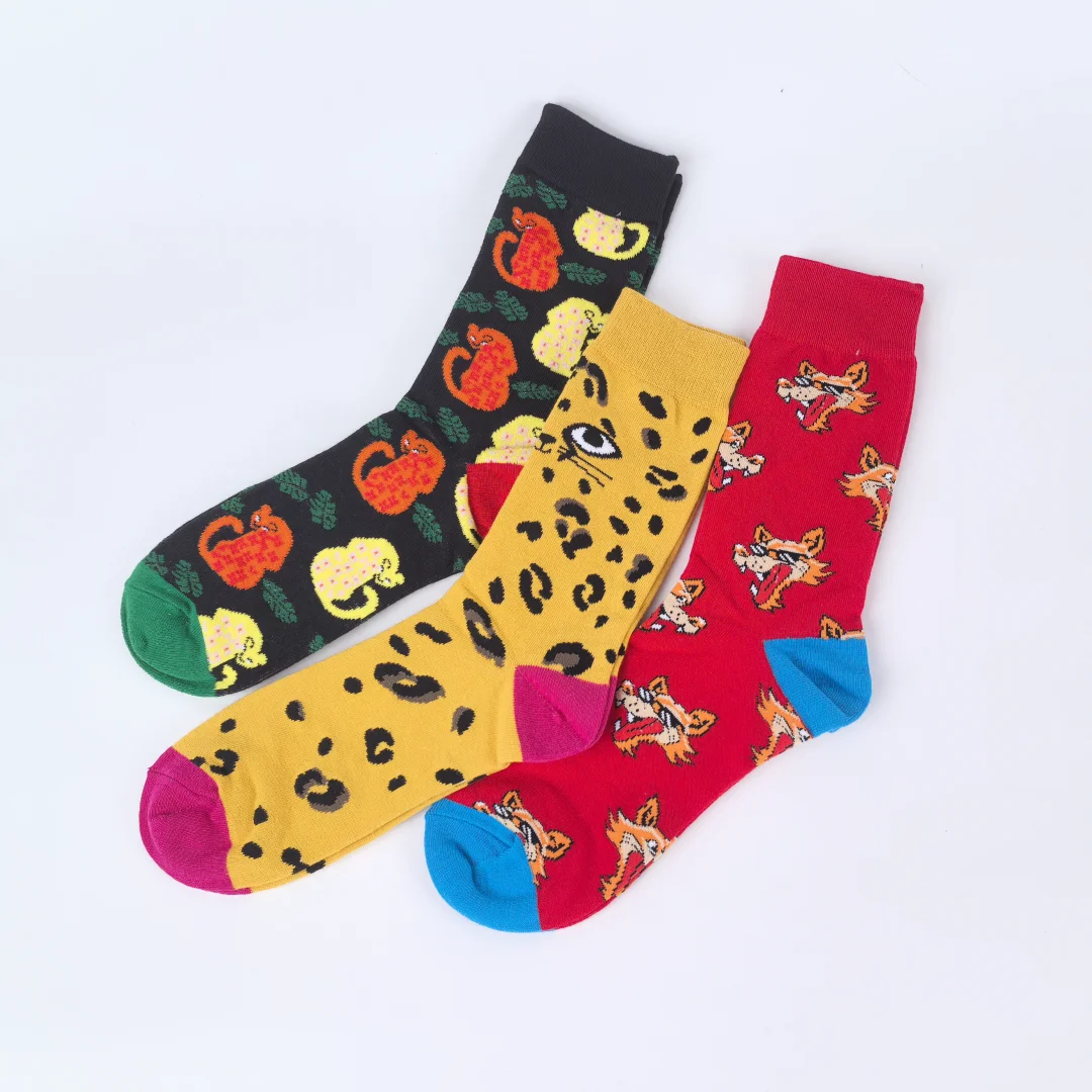 

1 Pair Animal Collection Wolf and Leopard Pattern Men's Mid Calf Socks ，Trendy Street Fashion，Suit In All Seasons Wearing
