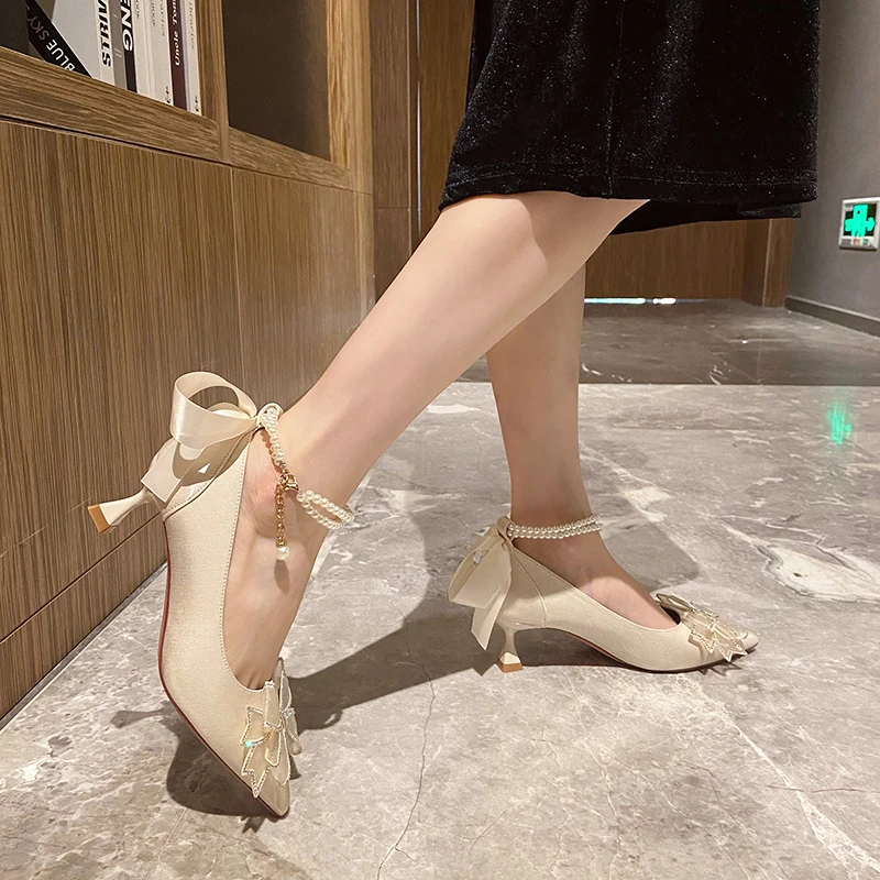 Rimocy Crystal Bow High Heels Shoes Women Pointed Toe Pearl Ankle Strap Pumps Woman Fashion Silk Thin Heels Party Shoes Female