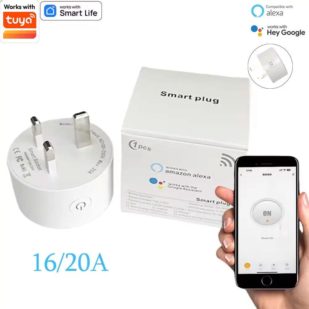 16/20A Smart Wifi Plug UK Wireless Control Socket Outlet with Energy Monitering Timer Function Works with Tuya Alexa Google Home