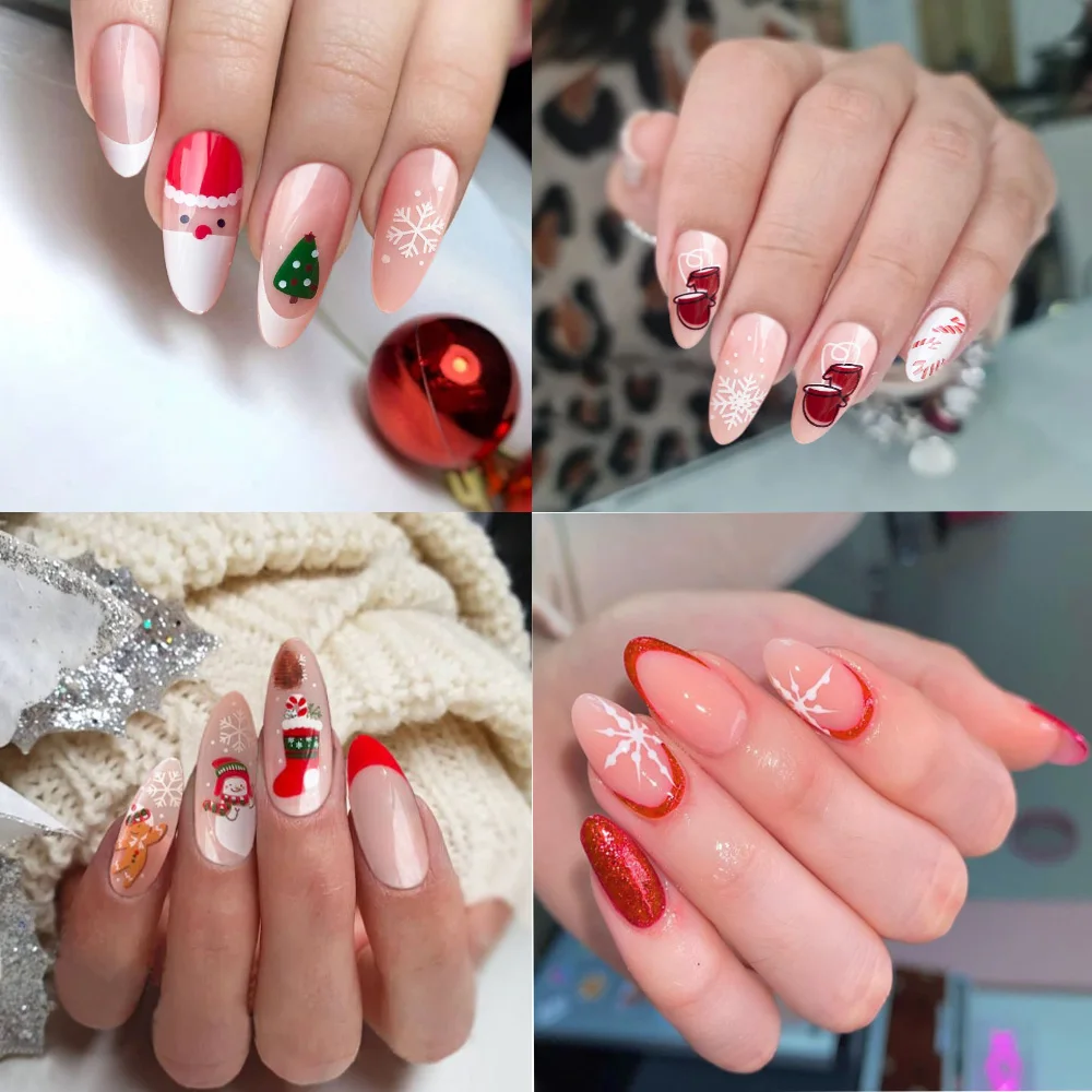 

3D fake nails for Christmas party santa claus snow man snowflake sock designs french almond tips faux ongles press on false nail