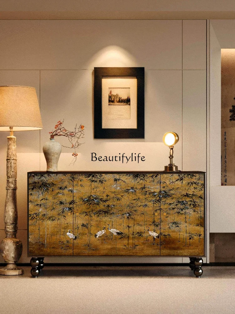 

yj5 New Chinese-style retro crane dining side cabinet Solid wood entrance living room storage decorative cabinet