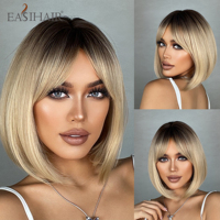 EASIHAIR Short Straight Bob Wigs Brown Blonde Ombre Natural Synthetic Wig for Women with Bangs Cosplay Daily Wig Heat Resistant