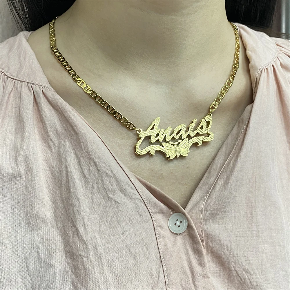 Custom Double Nameplate Necklace With Butterfly Underline Personalized Stainless Steel Name Necklace 3D Name Pendant For Women