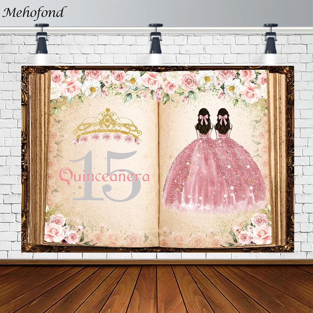 

Mehofond Story Book Backdrop Twin Girl Birthday Flower Golden Crown 15 Year Old Adult Gift Photography Background Photocall Prop