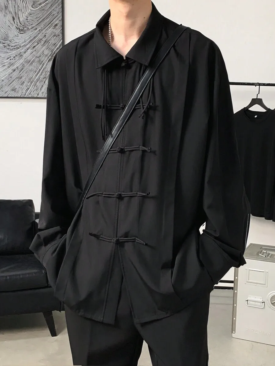 

Oversized Black Long Sleeve Shirt with Knot Buttons, Casual Fall Wear