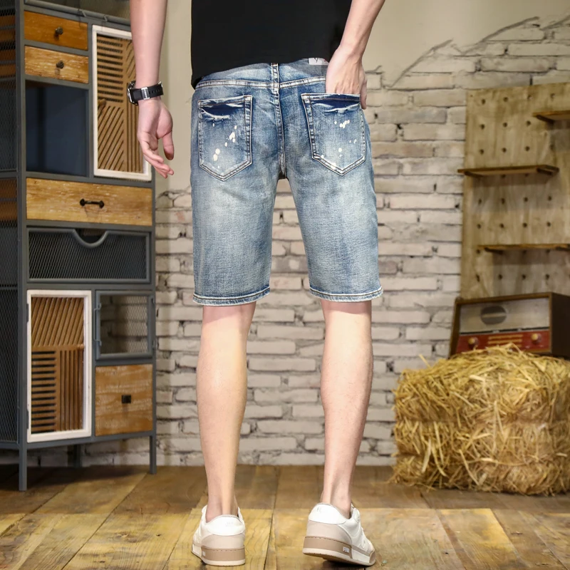 High-end ripped denim shorts Men's straight stretch five-minute pants letter broken holes embroidery men's models