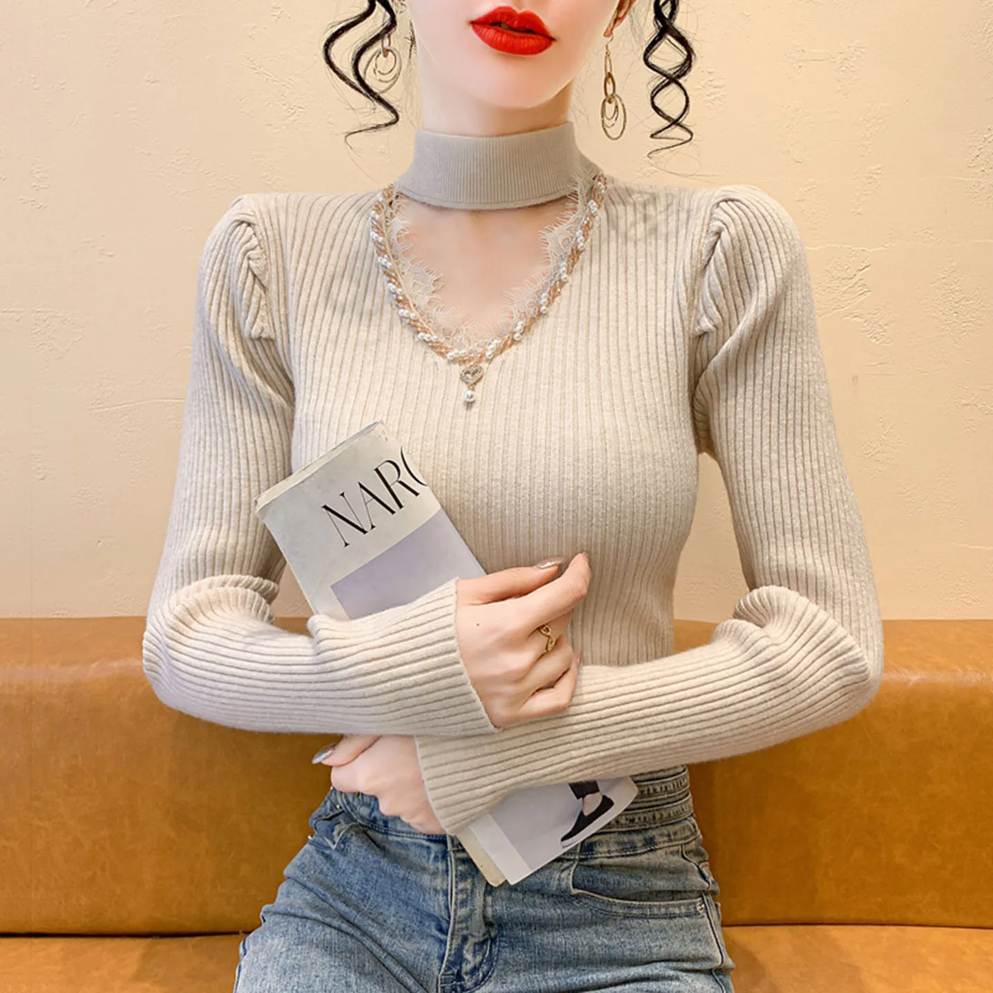 

Женский вязаный ажурный базовый свитер, осенне-зимний утягивающий внутренний свитер, можно носить на улице, облегающий свитер с бриллиантами