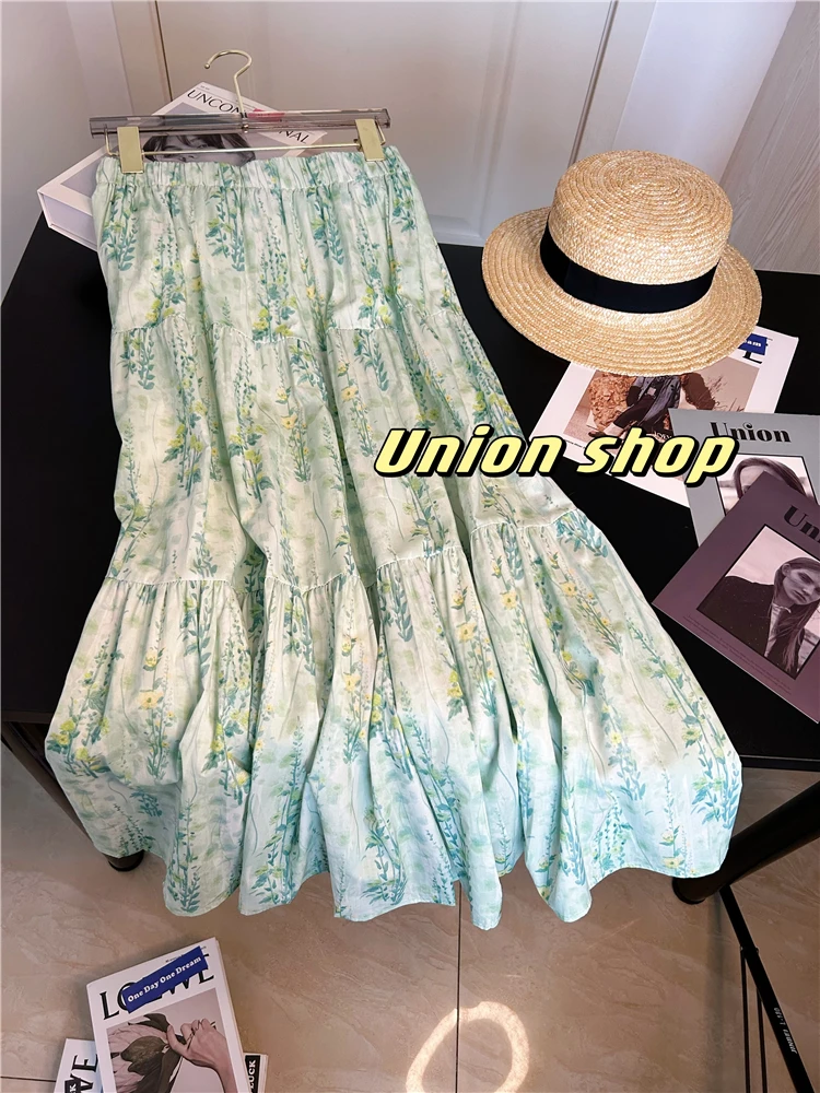 

Юбка-миди трапециевидной формы с цветочным принтом и высокой талией, женская летняя новая корейская юбка длиной до пола, юбка-зонтик