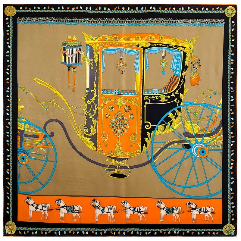 

carriage Print 110CM Silk Scarf Women Square Shawls Hand Rolled Bandanas Scarves 110 Foulard Femme Head Neck Accessories