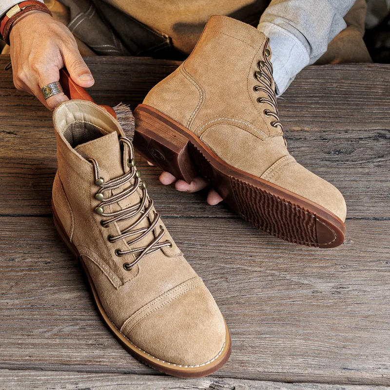 Vintage Tooling Male Motorcycle Boots Quality Cow Leather Wings Round Men Casual Ankle Boots Goodyear-welted Red Shoes view 2
