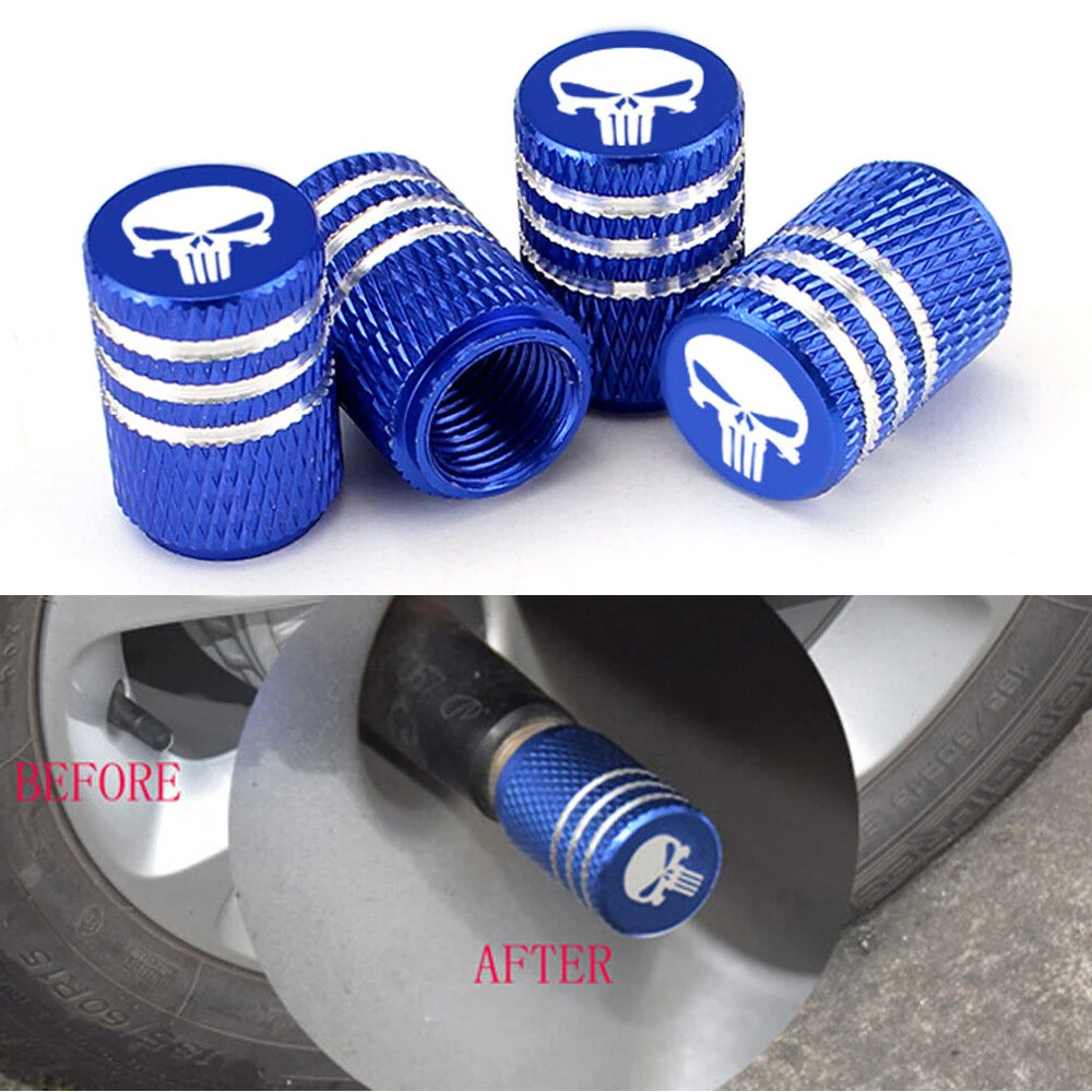 

One set (4pcs) Car Metal Wheel Valve Stem Cap Waterproof Dust Cover Blue Skull Head Emblem