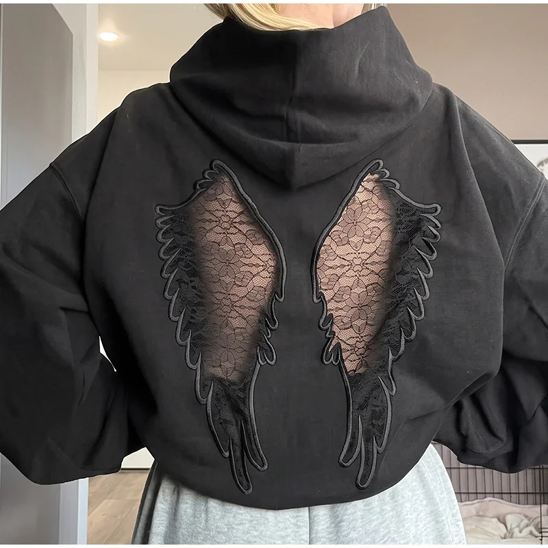 Damen-Oberteile, Oversize-Cropped-Hoodie-Pullover mit Rückenverzierung aus Spitze, Engelsflügel-Stickerei-Patch, Kapuzenpullover, Gothic-Langarmjacken – Detail 9